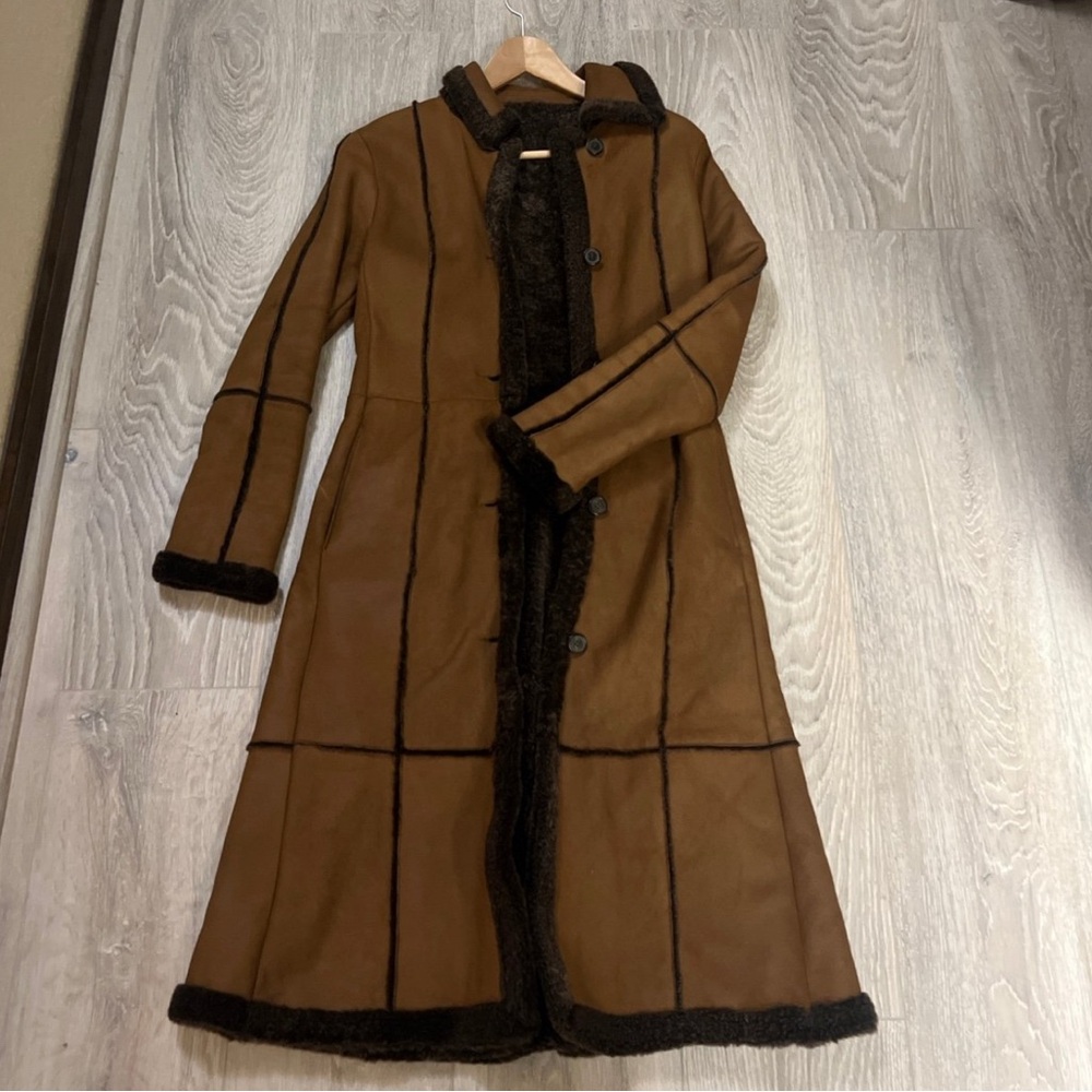 HUGO Women’s Brown Leather Shearling Jacket long  sz 4
